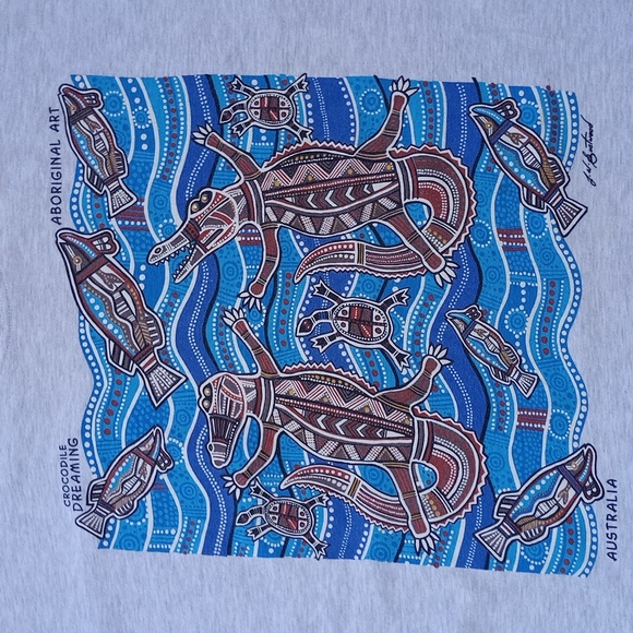 Vintage 90s Austrailia Aboriginal Art Crocodile Dreaming Graphic Single Stitch T - Picture 4 of 7